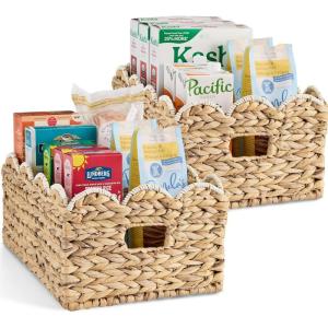 image:imageBest Choice Products 16x12 Scalloped Shelf Baskets Woven Storage Bins Pantry Organizer for Kitchen Living Room Bathroom Bedroom amp Laundry 2 Pack  Natural with White Trim