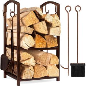 image:imageBest Choice Products 5Piece Indoor Outdoor Wrought Iron Firewood Log Storage Rack Holder Firepit Tools Set for Fireplace Fire Pit Stove wHook Broom Shovel Tongs  CopperCopper