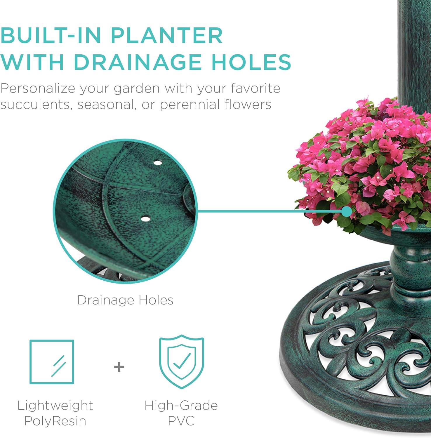 image:imageBest Choice Products Outdoor Solar Lighted Pedestal Bird Bath Fountain Decoration wPlanter Integrated Panel Scroll Accents for Lawn Garden  GreenGreen