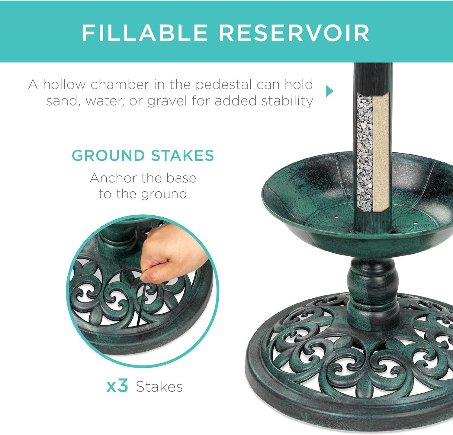 image:imageBest Choice Products Outdoor Solar Lighted Pedestal Bird Bath Fountain Decoration wPlanter Integrated Panel Scroll Accents for Lawn Garden  GreenGreen
