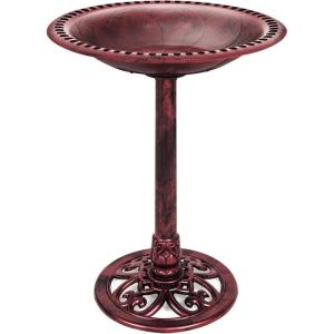 image:imageBest Choice Products 28in Pedestal Bird Bath Vintage Outdoor Resin Accent Decoration wFleurdeLis Accents  GoldCherry Red