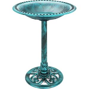 image:imageBest Choice Products 28in Pedestal Bird Bath Vintage Outdoor Resin Accent Decoration wFleurdeLis Accents  GoldGreen