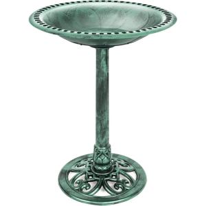image:imageBest Choice Products 28in Pedestal Bird Bath Vintage Outdoor Resin Accent Decoration wFleurdeLis Accents  GoldMint Green