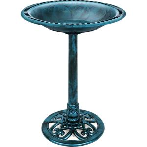 image:imageBest Choice Products 28in Pedestal Bird Bath Vintage Outdoor Resin Accent Decoration wFleurdeLis Accents  GoldPeacock Blue