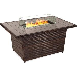 image:imageBest Choice Products 52in 50000 BTU Outdoor Wicker Patio Propane Gas Fire Pit Table wAluminum Tabletop Glass Wind Guard Clear Glass Rocks Cover Slide Out Tank Holder and Lid  BrownBrown