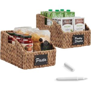 image:imageBest Choice Products Natural Hyacinth Angled Pantry Storage Baskets Woven Wicker Storage Bins wHandles Storage Container Baskets for Shelves Chalkboard Label amp Marker Pack of 2  NaturalChestnut