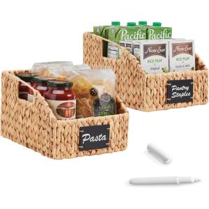 image:imageBest Choice Products Natural Hyacinth Angled Pantry Storage Baskets Woven Wicker Storage Bins wHandles Storage Container Baskets for Shelves Chalkboard Label amp Marker Pack of 2  NaturalNatural