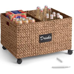 image:imageBest Choice Products Rolling Pantry Storage Basket Organizer WChalkboard Label Open Handles Removable Divider Water Hyacinth Bin for Kitchen Bedroom Office Kids Room Laundry Room  ChestnutChestnut