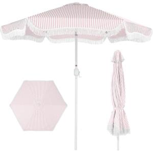 image:imageBest Choice Products 9ft Fringe Market Patio Umbrella  Outdoor Boho Tassel Sunshade for Table Pool Deck Backyard  UPF50 Easy Tilt Heavy Duty Steel Pole amp Ribs  PinkPink Pinstripe