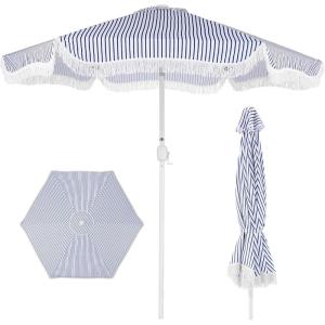 image:imageBest Choice Products 9ft Fringe Market Patio Umbrella  Outdoor Boho Tassel Sunshade for Table Pool Deck Backyard  UPF50 Easy Tilt Heavy Duty Steel Pole amp Ribs  PinkNavy Pinstripe