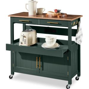 image:imageBest Choice Products 36in Large Rolling Kitchen Island Cart 2Door Cabinet 2 Drawers PullOut Shelf Power Outlet Hooks amp Swivel Lockable Wheels  Forest GreenForest Green
