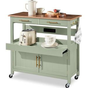 image:imageBest Choice Products 36in Large Rolling Kitchen Island Cart 2Door Cabinet 2 Drawers PullOut Shelf Power Outlet Hooks amp Swivel Lockable Wheels  Forest GreenPistachio Green