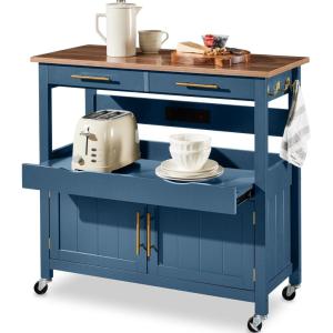 image:imageBest Choice Products 36in Large Rolling Kitchen Island Cart 2Door Cabinet 2 Drawers PullOut Shelf Power Outlet Hooks amp Swivel Lockable Wheels  Forest GreenSlate Blue