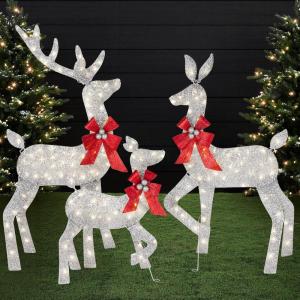 image:imageBest Choice Products 4ft 3Piece 2D Lighted Christmas Deer Family Set Large Outdoor Yard Reindeer Holiday Decoration with 175 LED Lights Stakes Zip Ties  GoldSilver