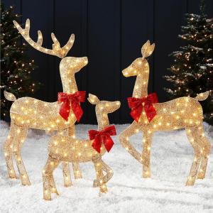 image:imageBest Choice Products 4ft 3Piece 2D Lighted Christmas Deer Family Set Large Outdoor Yard Reindeer Holiday Decoration with 175 LED Lights Stakes Zip Ties  GoldGold
