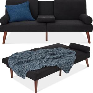 image:imageBest Choice Products MidCentury Modern Upholstered Futon Convertible Folding Sofa Bed Small Couch wRounded Armrests 2 Cupholders  BlackBlack
