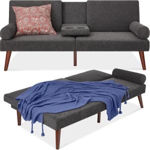 image:imageBest Choice Products MidCentury Modern Upholstered Futon Convertible Folding Sofa Bed Small Couch wRounded Armrests 2 Cupholders  BlackCharcoal