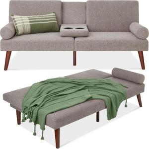image:imageBest Choice Products MidCentury Modern Upholstered Futon Convertible Folding Sofa Bed Small Couch wRounded Armrests 2 Cupholders  BlackGrey