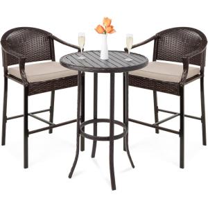 image:imageBest Choice Products 3Piece Patio Bar Table Set Outdoor Wicker Bar Height Bistro Furniture for Backyard Poolside Balcony wBarstools Cushions Steel Frame  BrownBeigeBrownBeige