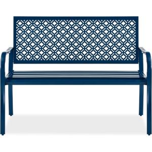 image:imageBest Choice Products Outdoor Bench 2Person Metal Steel Benches Furniture for Garden Patio Porch Entryway wGeometric Backrest 790lb Capacity  BlackPeacock Blue