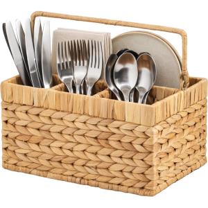 image:imageBest Choice Products Utensil Caddy wHandle  4 Compartments Woven Wicker Utensil Silverware Flatware Organizer Cutlery Basket Holder for Countertop Party Picnic BBQ Kitchen Storage  NaturalNatural