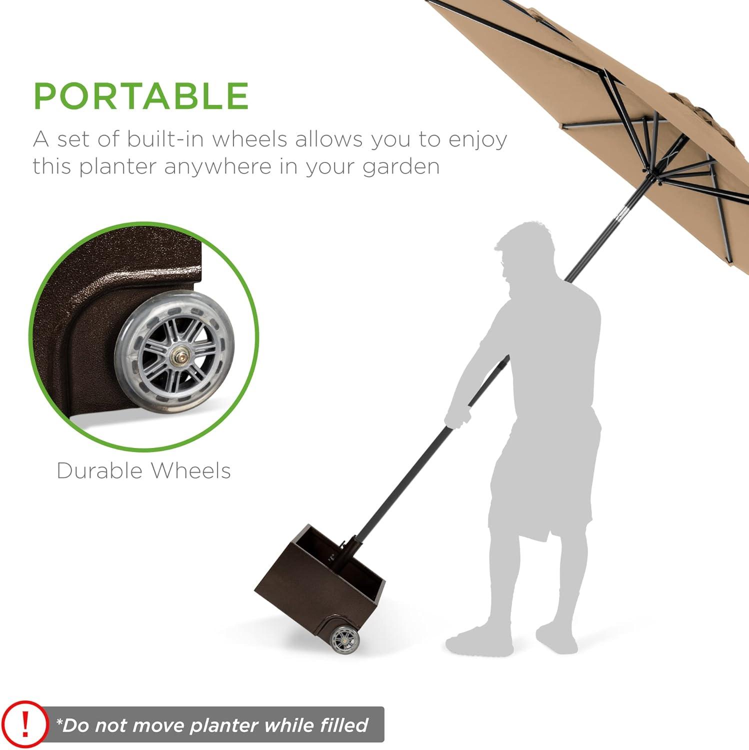 image:imageBest Choice Products 150lb Capacity Portable Steel Umbrella Base Stand for Outdoor Patio Garden Market wFillable Planter Drainage 2 Adjustment Knobs Handle Wheels