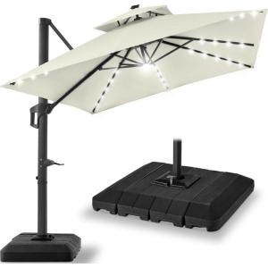 image:imageBest Choice Products 10x10ft Cantilever Patio Umbrella wBase Included Solar LED Lights 360 Rotation Large Offset Hanging Outdoor Shade for Deck Pool Backyard wStand  SandIvory