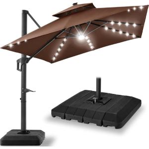image:imageBest Choice Products 10x10ft Cantilever Patio Umbrella wBase Included Solar LED Lights 360 Rotation Large Offset Hanging Outdoor Shade for Deck Pool Backyard wStand  SandBrown