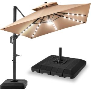 image:imageBest Choice Products 10x10ft Cantilever Patio Umbrella wBase Included Solar LED Lights 360 Rotation Large Offset Hanging Outdoor Shade for Deck Pool Backyard wStand  SandTan