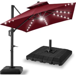 image:imageBest Choice Products 10x10ft Cantilever Patio Umbrella wBase Included Solar LED Lights 360 Rotation Large Offset Hanging Outdoor Shade for Deck Pool Backyard wStand  SandBurgundy
