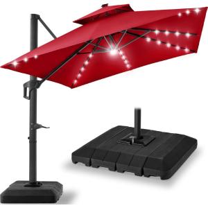 image:imageBest Choice Products 10x10ft Cantilever Patio Umbrella wBase Included Solar LED Lights 360 Rotation Large Offset Hanging Outdoor Shade for Deck Pool Backyard wStand  SandRed
