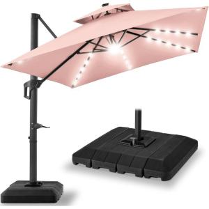 image:imageBest Choice Products 10x10ft Cantilever Patio Umbrella wBase Included Solar LED Lights 360 Rotation Large Offset Hanging Outdoor Shade for Deck Pool Backyard wStand  SandRose Quartz