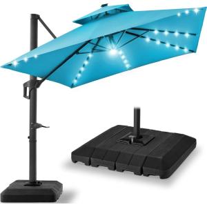 image:imageBest Choice Products 10x10ft Cantilever Patio Umbrella wBase Included Solar LED Lights 360 Rotation Large Offset Hanging Outdoor Shade for Deck Pool Backyard wStand  SandSky Blue