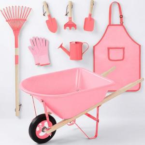 image:imageBest Choice Products Kids Gardening Tool Set 8 Piece with Wheelbarrow Metal Tools Watering Can Apron and Gloves Child Garden Play Set for Outdoor Backyard Play Ages 3  PinkPinkPinkPink