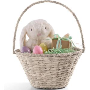 image:imageBest Choice Products Handwoven Easter Basket Small Woven Easter Basket for Kids Easter Egg Hunt Basket wCollapsible Handle Tapered Shape Water Hyacinth  NaturalWhite