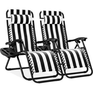 image:imageBest Choice Products Set of 2 Extra Wide Adjustable Steel Mesh Zero Gravity Lounge Chair Recliners wPillows and Cup Holder Trays  Peacock Blue StripesBlack Striped
