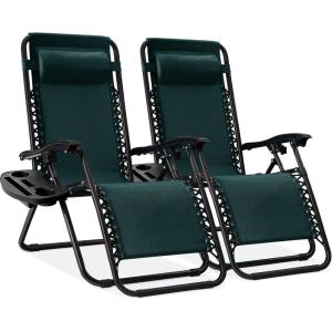 image:imageBest Choice Products Set of 2 Extra Wide Adjustable Steel Mesh Zero Gravity Lounge Chair Recliners wPillows and Cup Holder Trays  Peacock Blue StripesForest Green