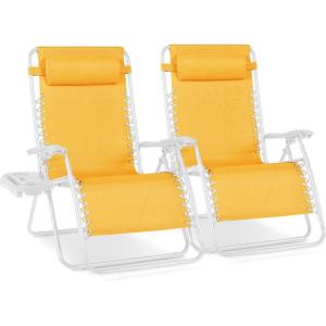 image:imageBest Choice Products Set of 2 Extra Wide Adjustable Steel Mesh Zero Gravity Lounge Chair Recliners wPillows and Cup Holder Trays  Peacock Blue StripesMarigoldWhite