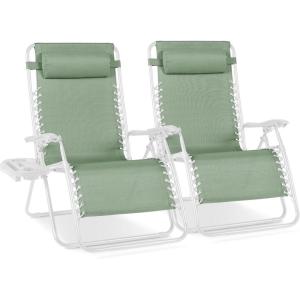 image:imageBest Choice Products Set of 2 Extra Wide Adjustable Steel Mesh Zero Gravity Lounge Chair Recliners wPillows and Cup Holder Trays  Peacock Blue StripesSage GreenWhite