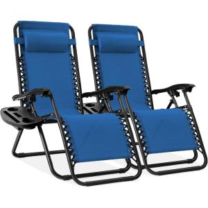 image:imageBest Choice Products Set of 2 Extra Wide Adjustable Steel Mesh Zero Gravity Lounge Chair Recliners wPillows and Cup Holder Trays  Peacock Blue StripesMarine Blue