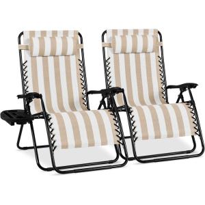 image:imageBest Choice Products Set of 2 Extra Wide Adjustable Steel Mesh Zero Gravity Lounge Chair Recliners wPillows and Cup Holder Trays  Peacock Blue StripesTan Stripes