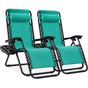 image:imageBest Choice Products Set of 2 Extra Wide Adjustable Steel Mesh Zero Gravity Lounge Chair Recliners wPillows and Cup Holder Trays  Peacock Blue StripesMint