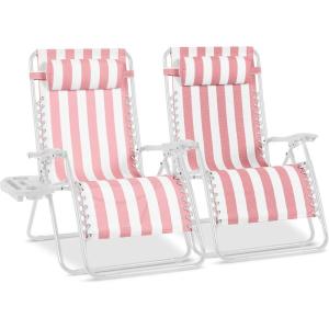 image:imageBest Choice Products Set of 2 Extra Wide Adjustable Steel Mesh Zero Gravity Lounge Chair Recliners wPillows and Cup Holder Trays  Peacock Blue StripesFlamingo StripesWhite