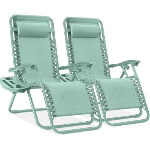 image:imageBest Choice Products Set of 2 Extra Wide Adjustable Steel Mesh Zero Gravity Lounge Chair Recliners wPillows and Cup Holder Trays  Peacock Blue StripesSeafoam
