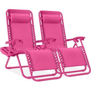 image:imageBest Choice Products Set of 2 Extra Wide Adjustable Steel Mesh Zero Gravity Lounge Chair Recliners wPillows and Cup Holder Trays  Peacock Blue StripesUltimate Pink