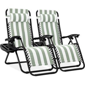 image:imageBest Choice Products Set of 2 Extra Wide Adjustable Steel Mesh Zero Gravity Lounge Chair Recliners wPillows and Cup Holder Trays  Peacock Blue StripesSage Striped