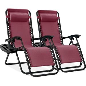 image:imageBest Choice Products Set of 2 Extra Wide Adjustable Steel Mesh Zero Gravity Lounge Chair Recliners wPillows and Cup Holder Trays  Peacock Blue StripesBurgundy