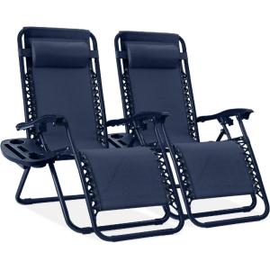image:imageBest Choice Products Set of 2 Extra Wide Adjustable Steel Mesh Zero Gravity Lounge Chair Recliners wPillows and Cup Holder Trays  Peacock Blue StripesNavy