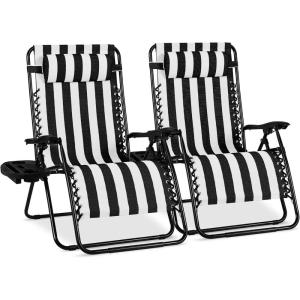 image:imageBest Choice Products Set of 2 Extra Wide Adjustable Steel Mesh Zero Gravity Lounge Chair Recliners wPillows and Cup Holder Trays  Peacock Blue StripesBlack Stripes