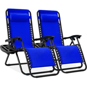 image:imageBest Choice Products Set of 2 Extra Wide Adjustable Steel Mesh Zero Gravity Lounge Chair Recliners wPillows and Cup Holder Trays  Peacock Blue StripesCobalt Blue